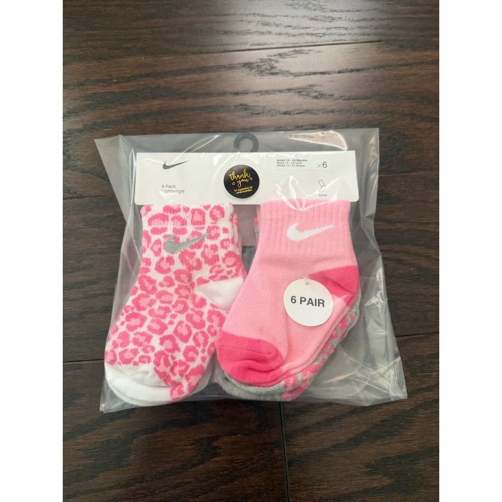 Nike Infant Girls 6 Pack Ankle Socks Pink Leopard Print 12-24 Months NN0662-AA7
